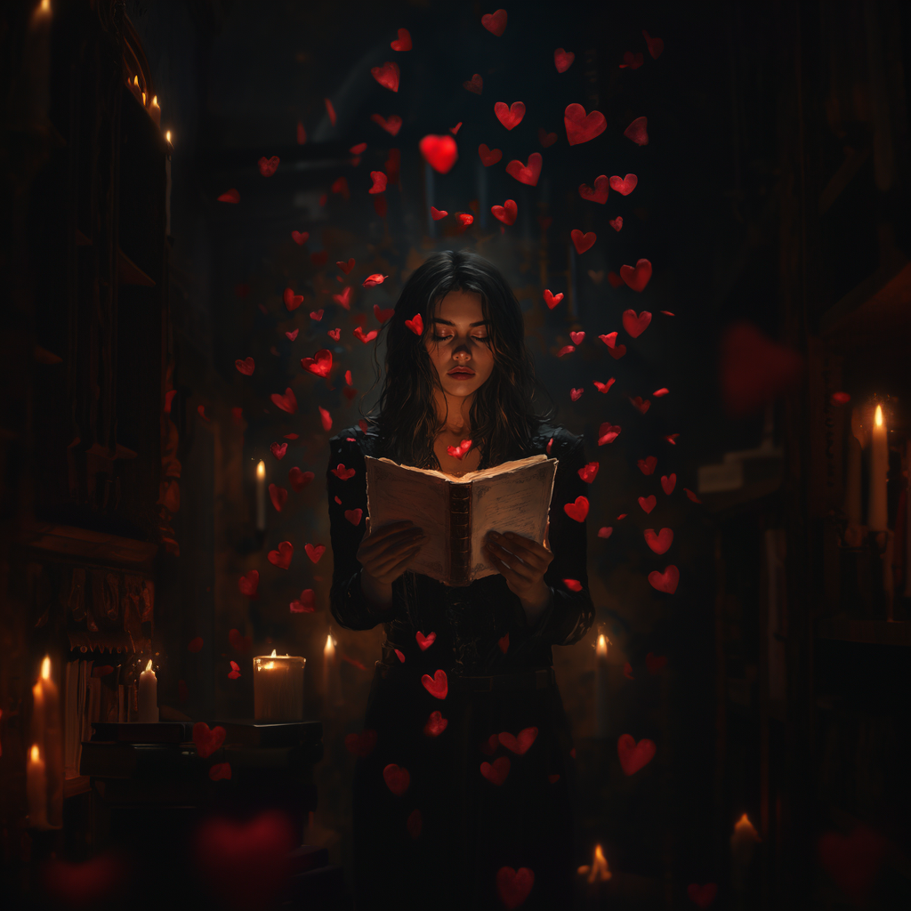 Woman reading an open book by candlelight, surrounded by floating red hearts in a dark room.