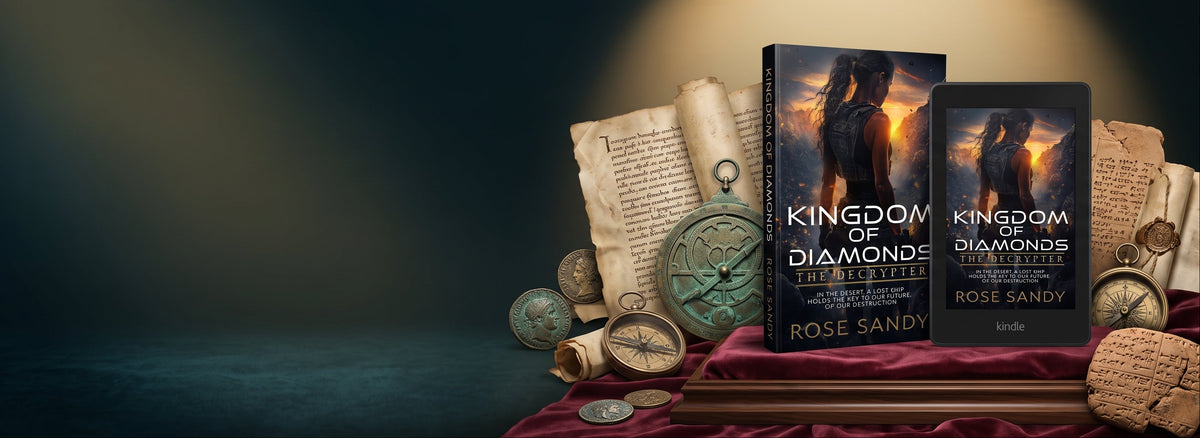 Two hardcover and paperback copies of the book 'Kingdom Diamonds: The Legacy' by Rose Sandy are displayed on a dark red velvet cloth alongside vintage-style props including coins, an antique pocket watch, a rolled parchment, and a small wooden box, set against a dark moody background with a spotlight effect.