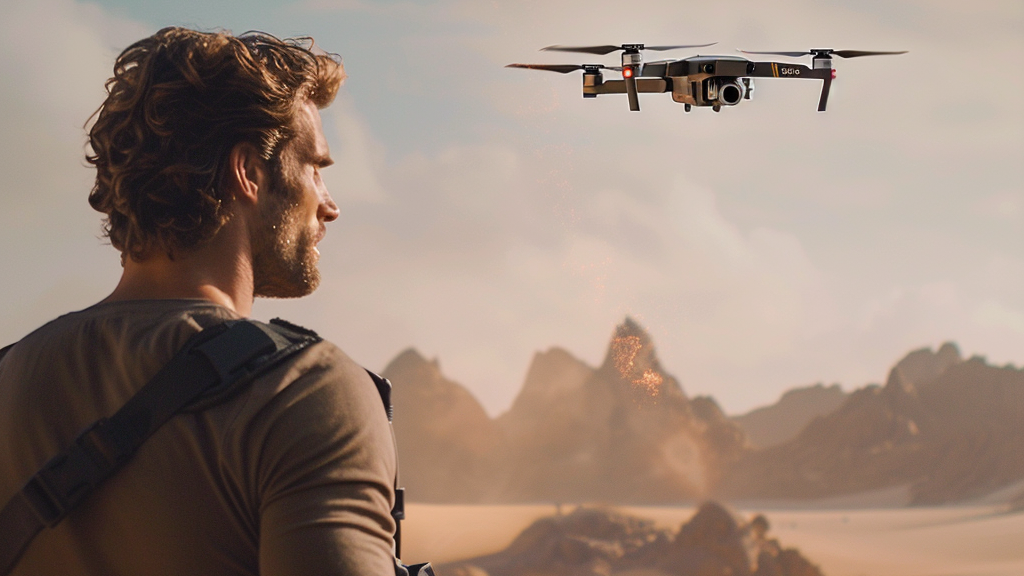A man in a desert landscape wearing a brown long-sleeve shirt and looking up at a drone flying in the sky. The scene has a warm, golden-hour look with rocky desert terrain in the background.