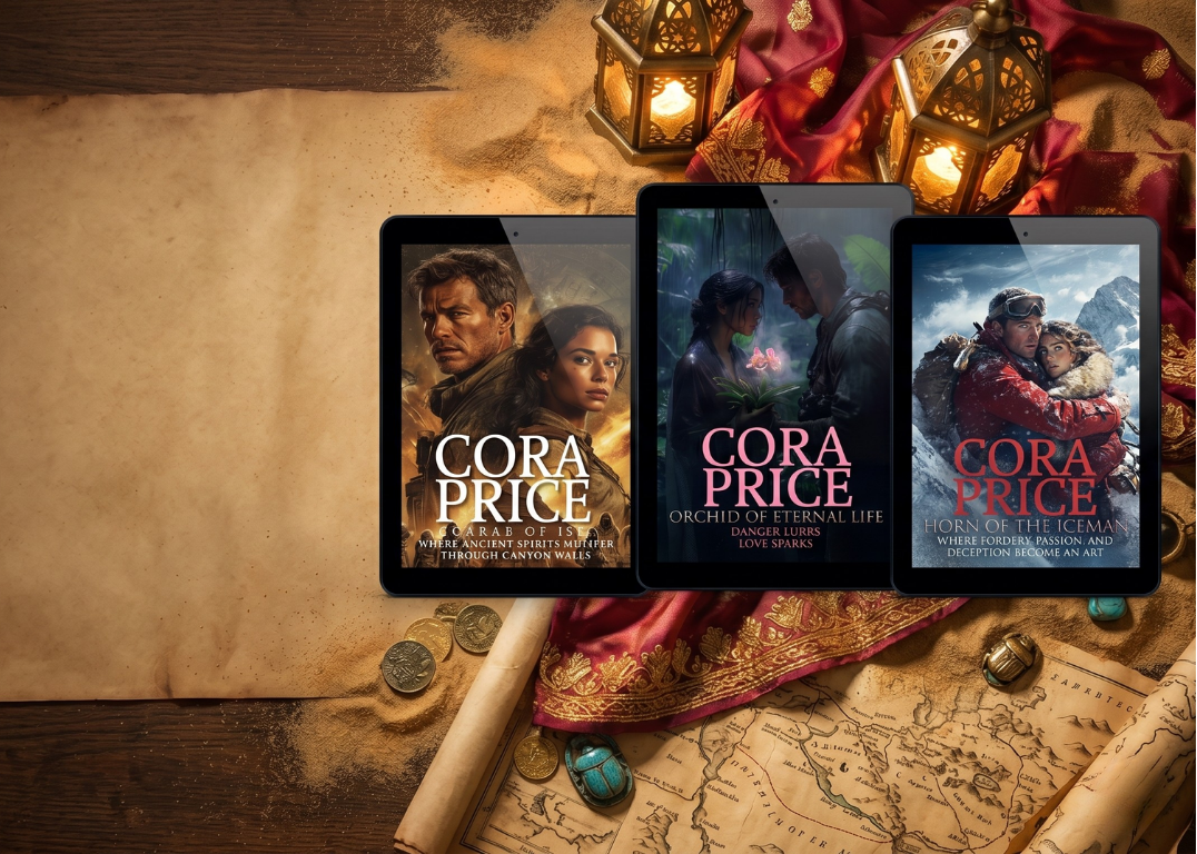 Three books by Cora Price on a rustic background with candles and map