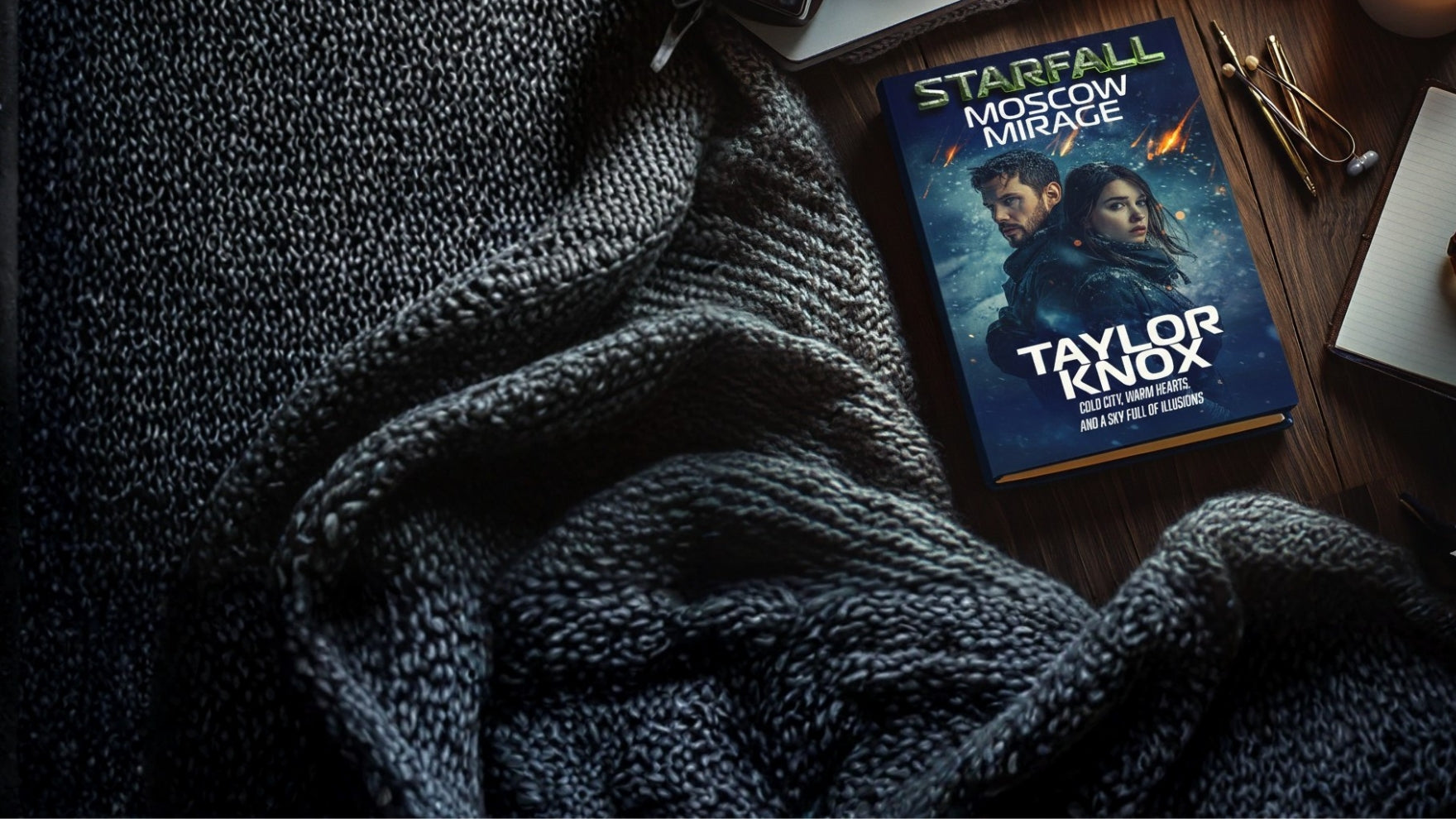 Book titled 'Moscow Mirage' by Taylor Knox under a blanket on a wooden surface
