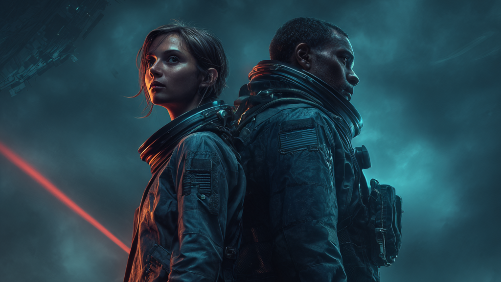 Two people in dark futuristic jackets standing back-to-back in a dramatic city scene under a smoky blue sky, with a red laser beam crossing the frame.