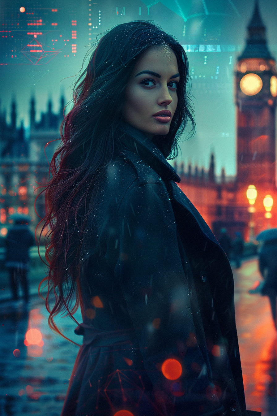Woman in a dark coat standing in a rain-soaked street with a cityscape background