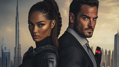 Two characters, one in tactical gear and the other in formal attire, stand against a city skyline.