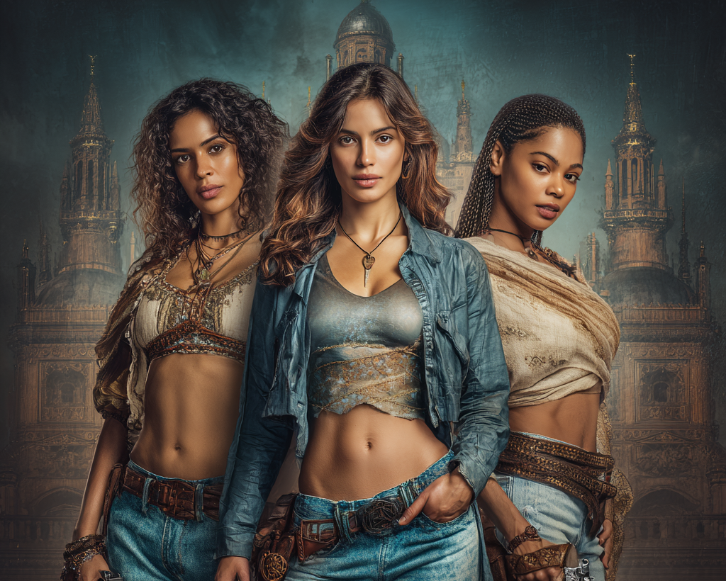 Three women in western-inspired outfits pose together in front of a dark, ornate architectural backdrop. The center woman wears a blue denim jacket over a metallic cropped top and blue jeans, while the two side women wear beige and brown draped tops with matching jeans and leather accessories.
