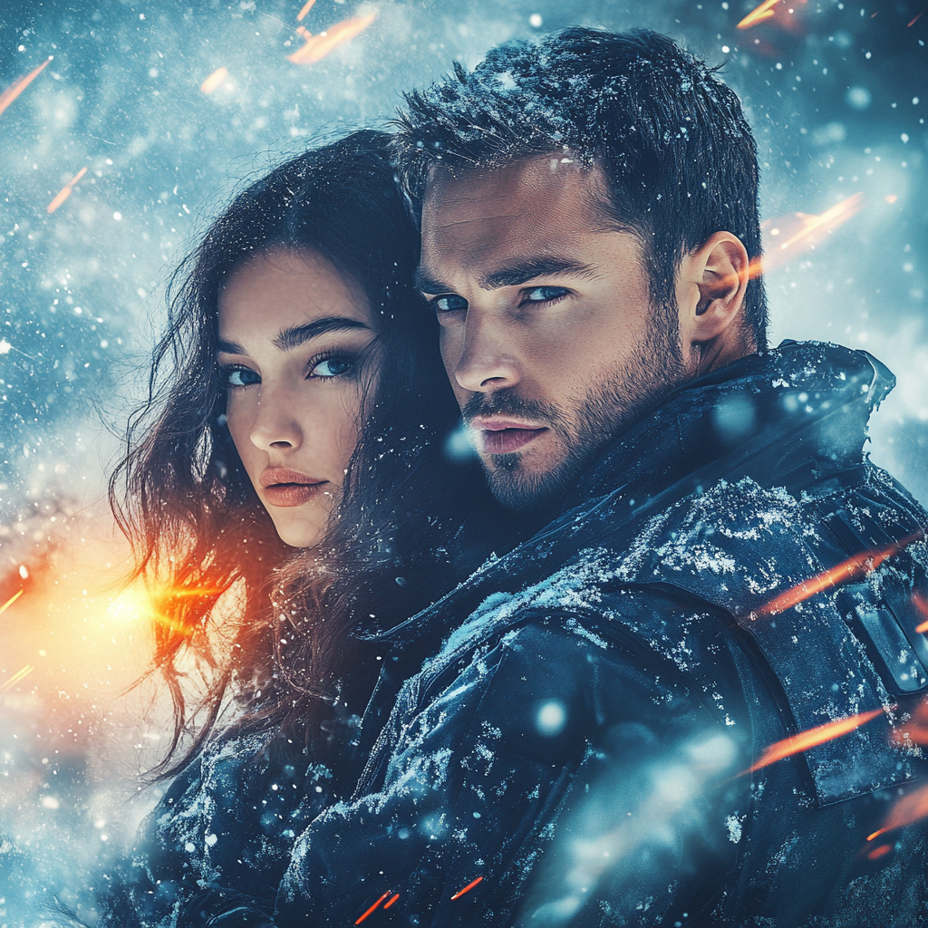 Two people in a snowy, action-packed scene with bright lights and explosions.
